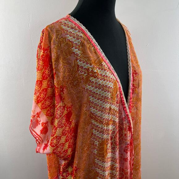 VINTAGE Cinema Etoile Pareo Shawl Orange Floral Floral Printed Open Front 16/18 - Picture 5 of 9